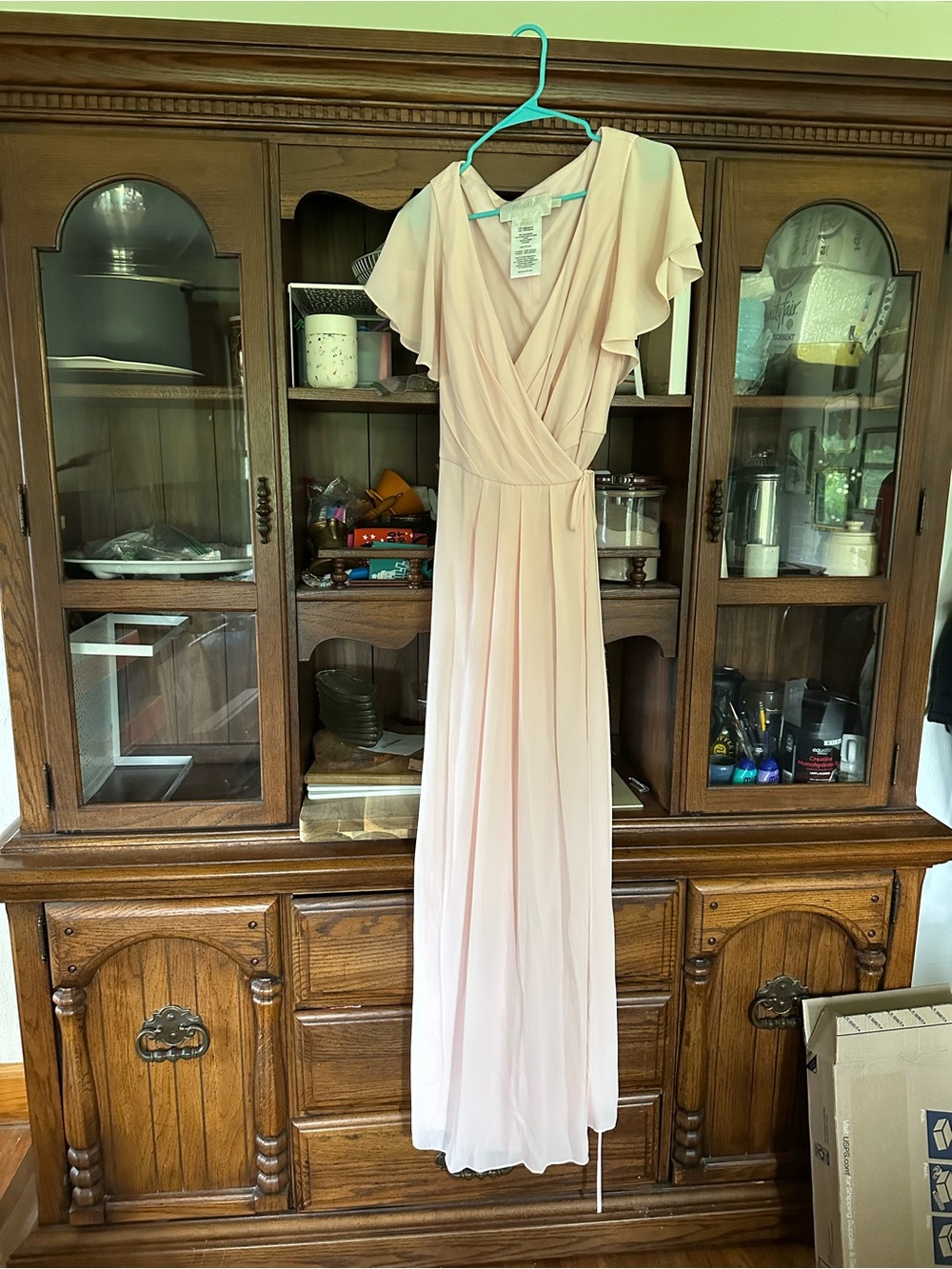 David's Bridal Petal Pink Flutter Sleeve Wrap Maxi Dress